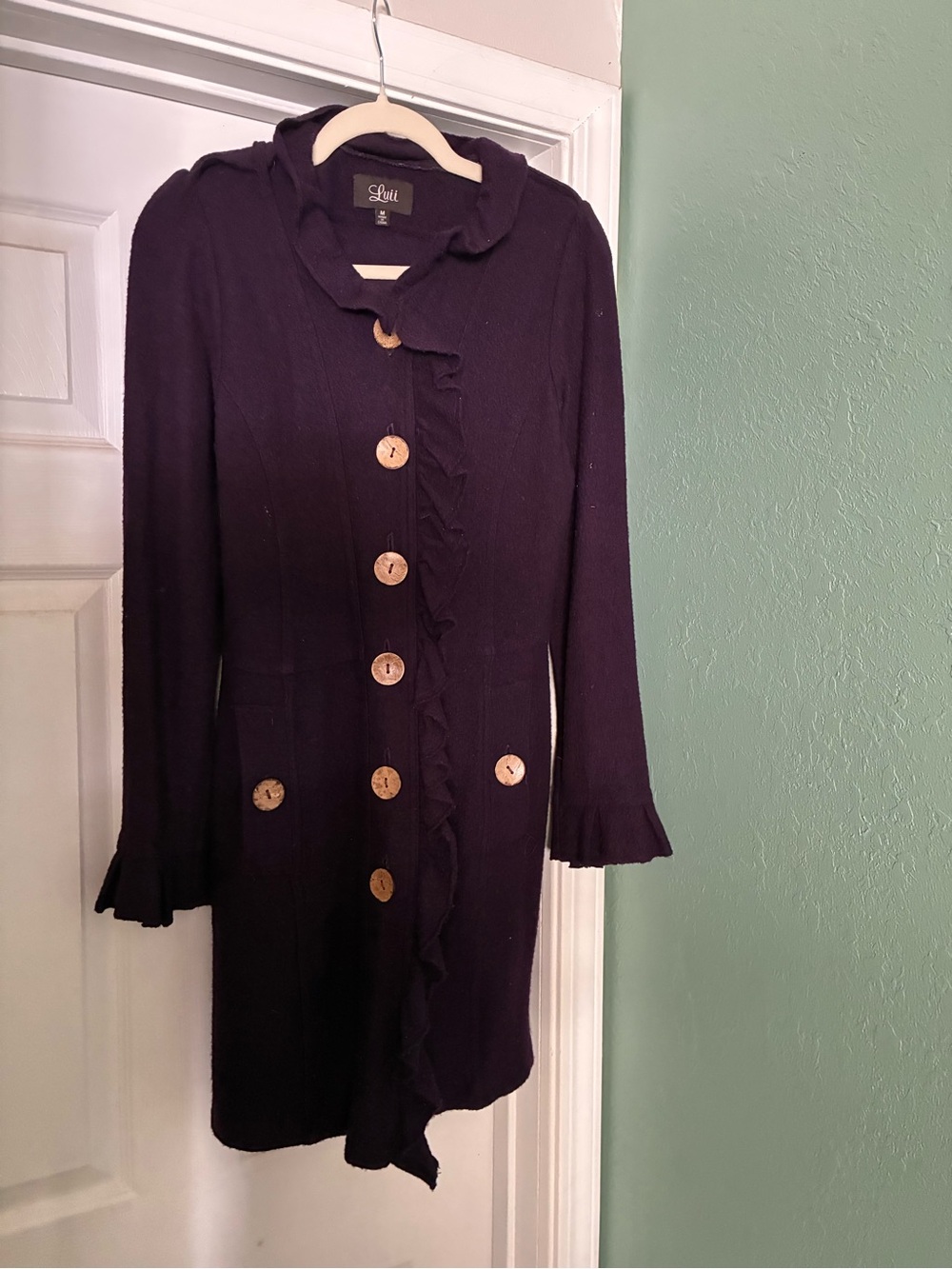 Anthropologie Luii Purple Ruffle-Front 100% Wool Coat with Wooden Buttons